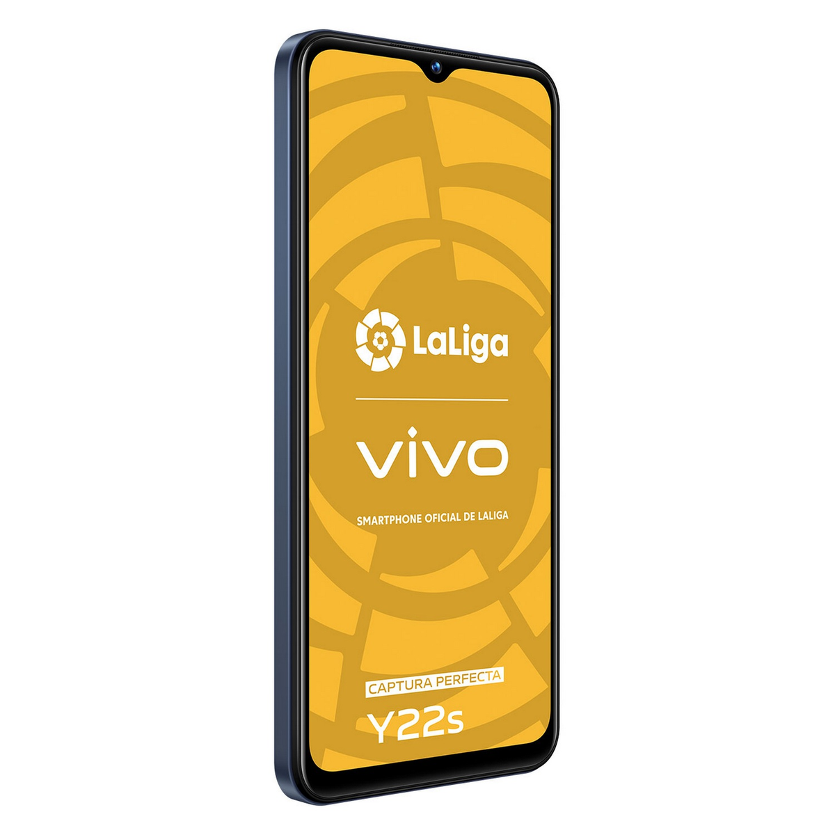 Smartphone mit gelbem Hintergrund, La Liga Logo. Das Telefon ist blau und gold.