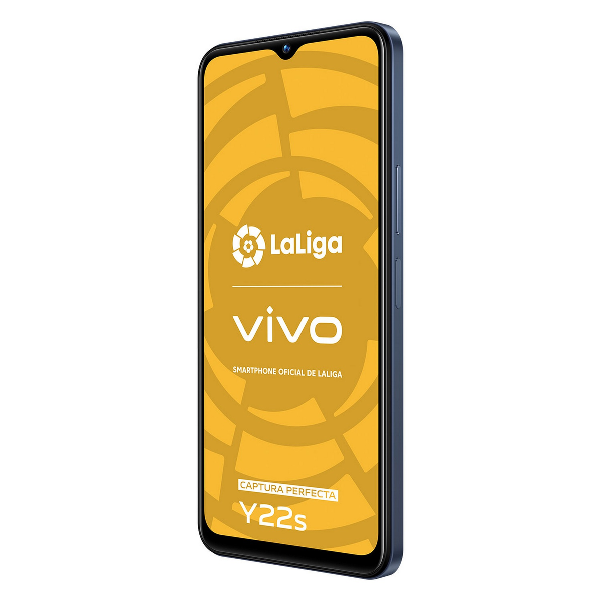Smartphone mit LaLiga-Logo auf dem Bildschirm, blaue Farbe, weißer Hintergrund.