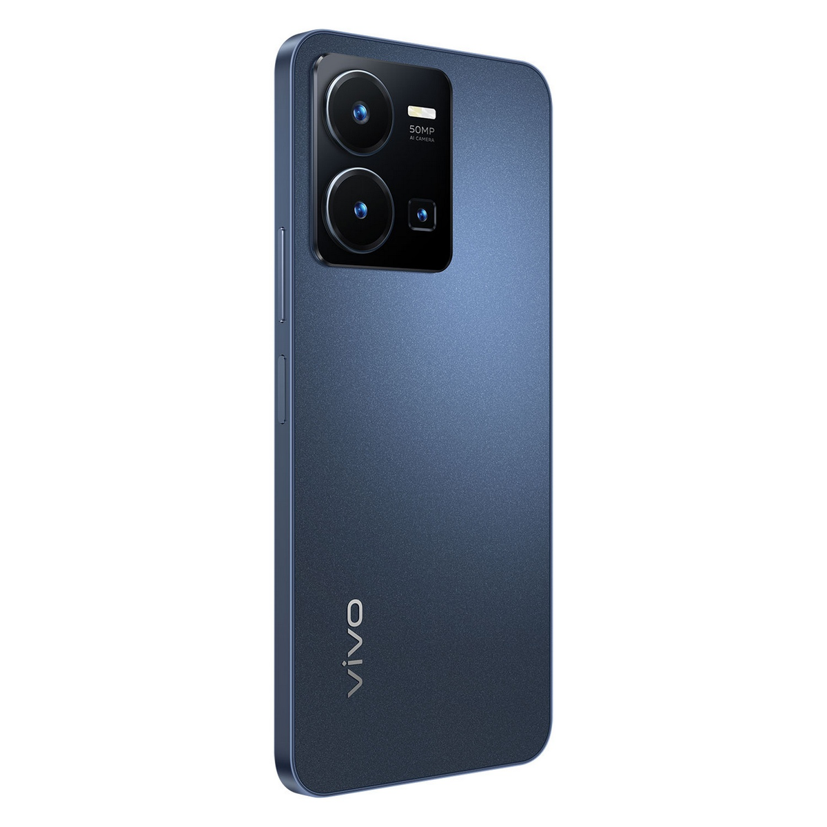 Blaues Vivo-Telefon. Verfügt über eine Dual-Kamera und ein Vivo-Logo unten.