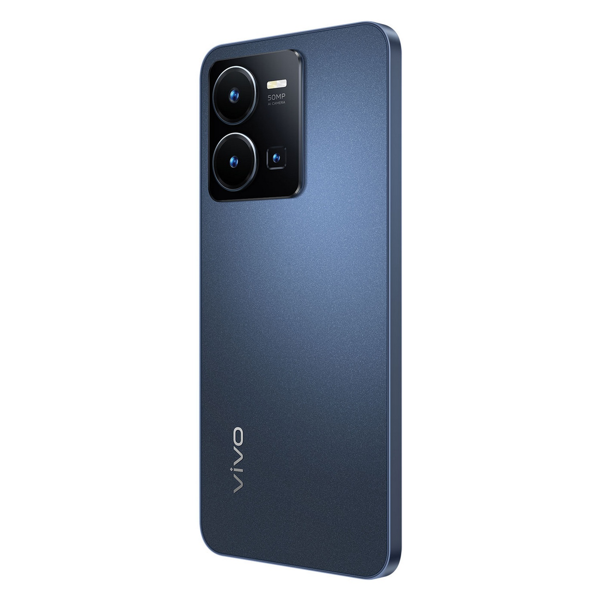 Blaues Smartphone, Rückansicht, mit Kamera und Vivo-Branding.