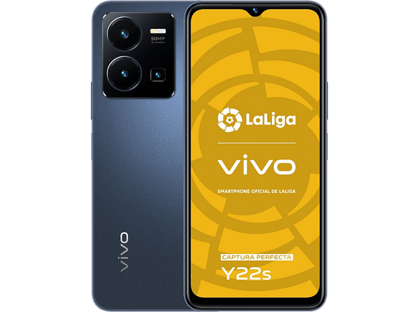 Blaues Telefon mit Dualkameras und La Liga Branding auf dem Bildschirm. Schwarzer Hintergrund.