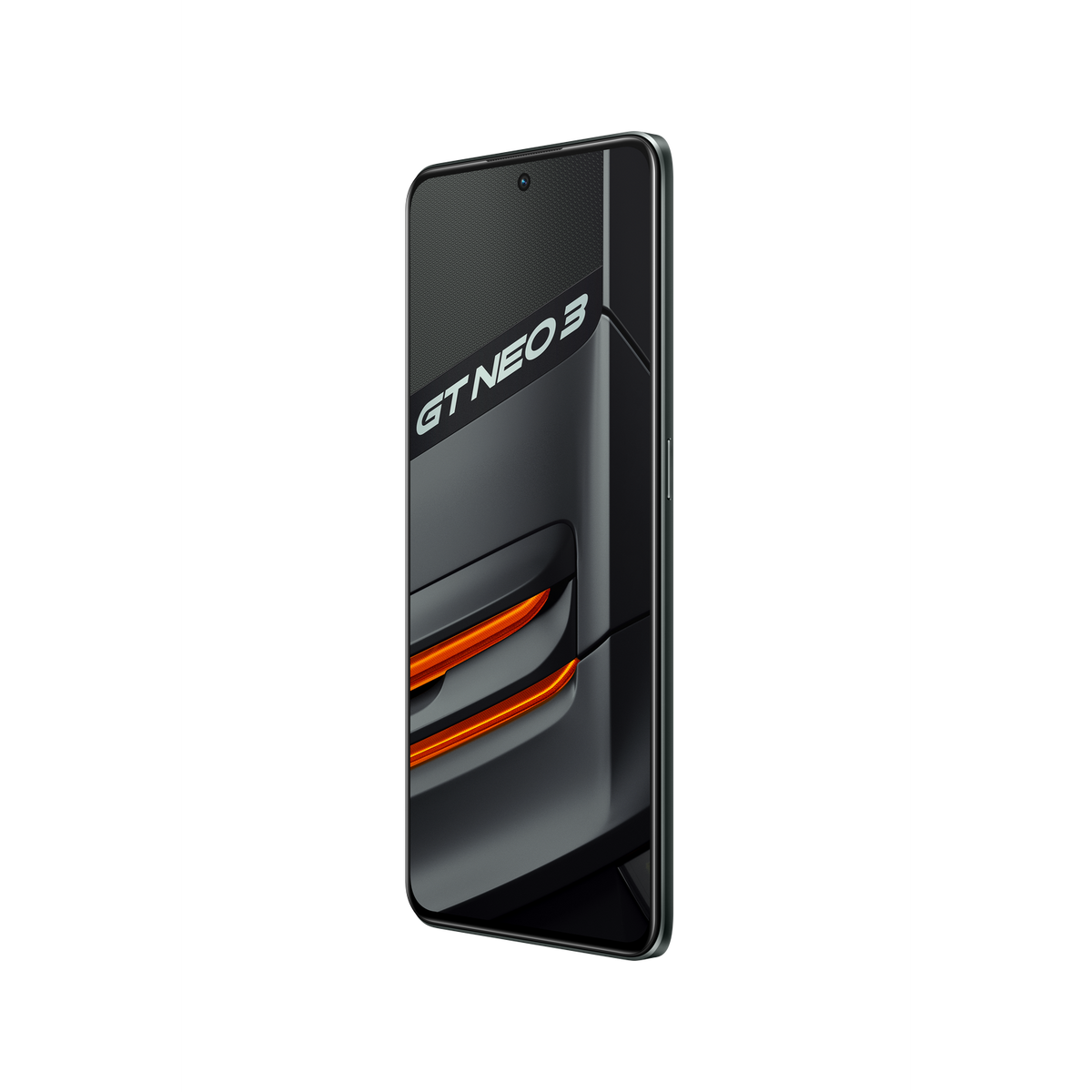 Schwarzes Smartphone mit orangefarbenen Akzenten. Text: GT NEO 3. Winkelansicht.