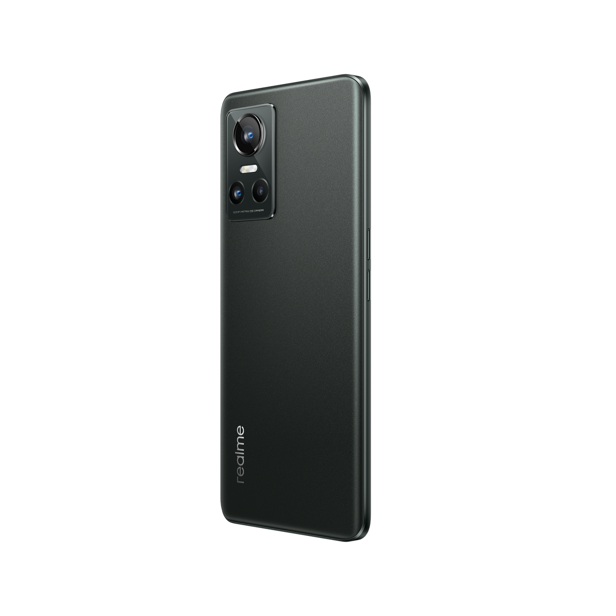 Dunkelgrünes Smartphone, Rückansicht. Merkmale Kameraobjektive und das Realme-Logo. Schwarzer Hintergrund.
