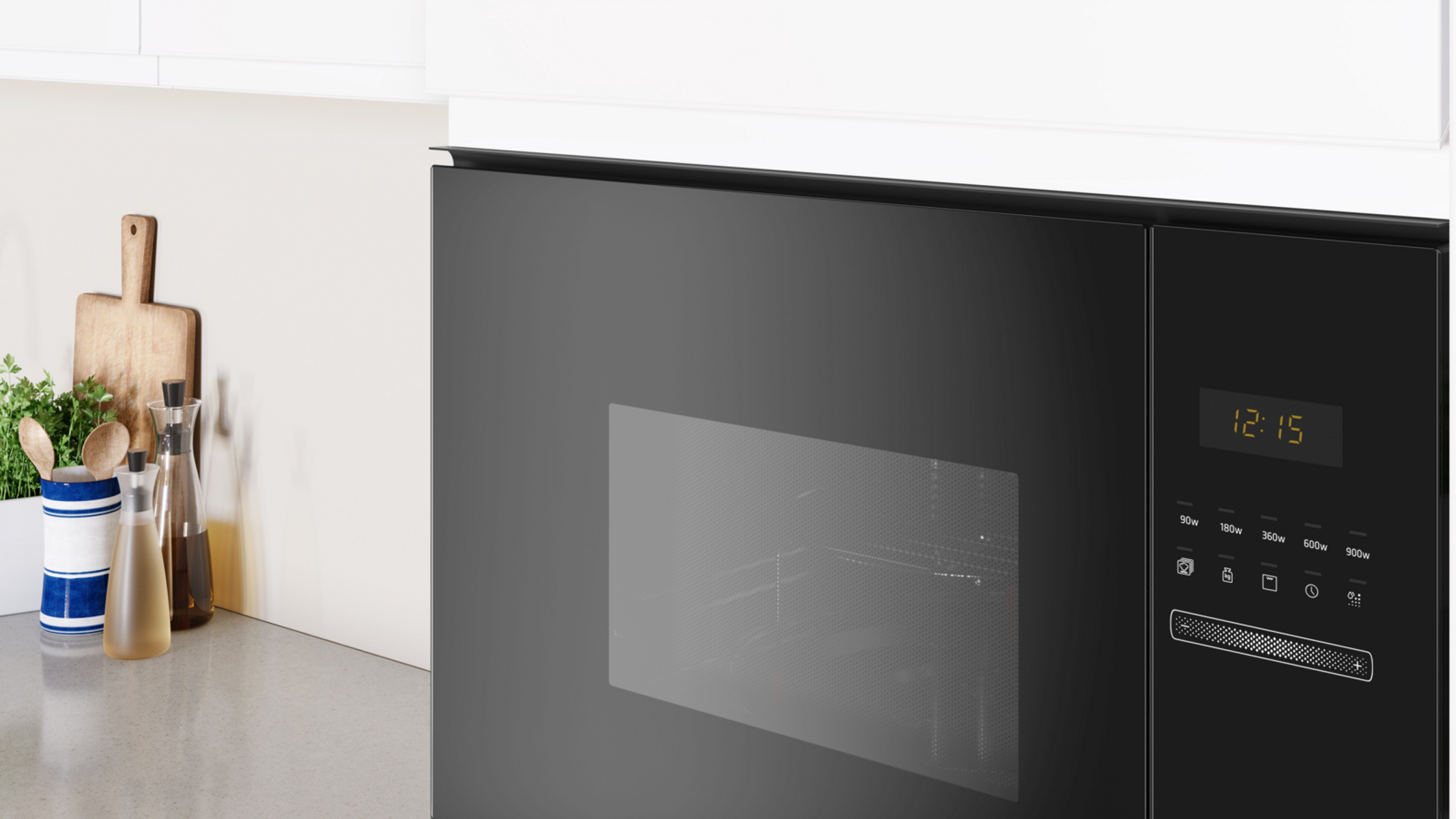 Czarna kuchenka mikrofalowa z cyfrowym wyświetlaczem zegara i panelem sterowania.