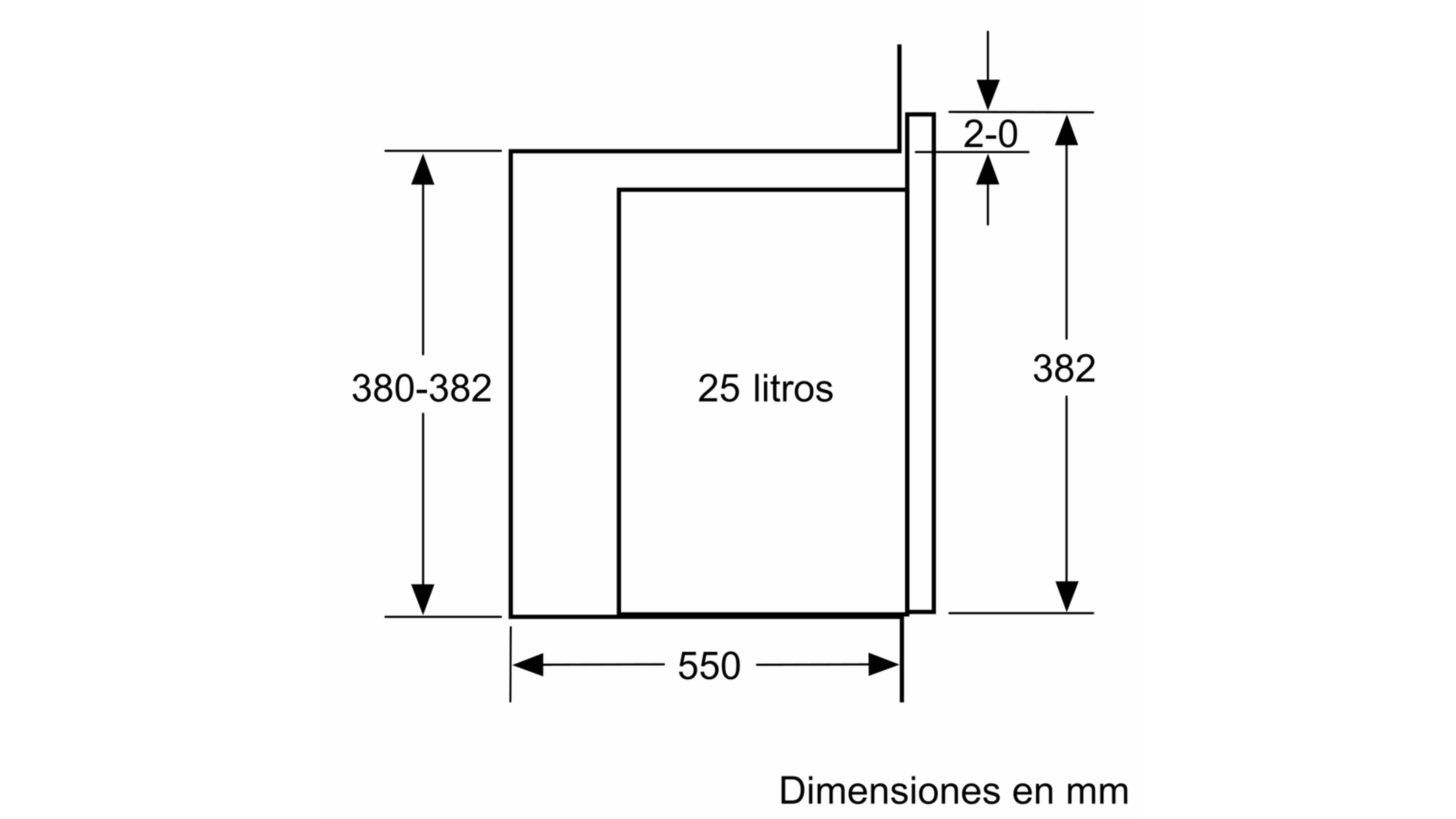 Schematyczny diagram pokazujący wymiary i pojemność prostokątnego pojemnika, z wymiarami w milimetrach.