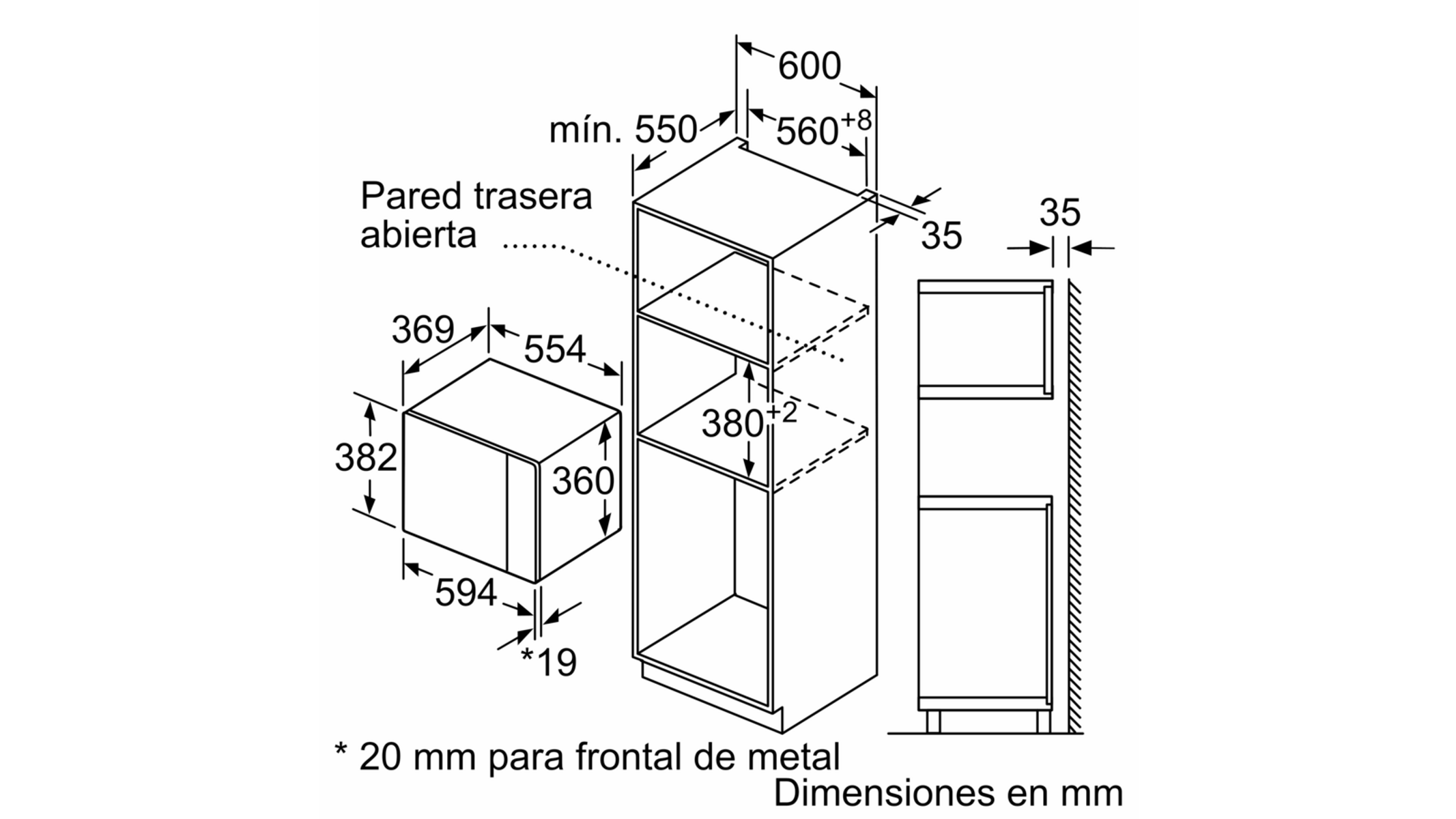 Rysunek techniczny piekarnika i kuchenki mikrofalowej do zabudowy z wymiarami w mm.