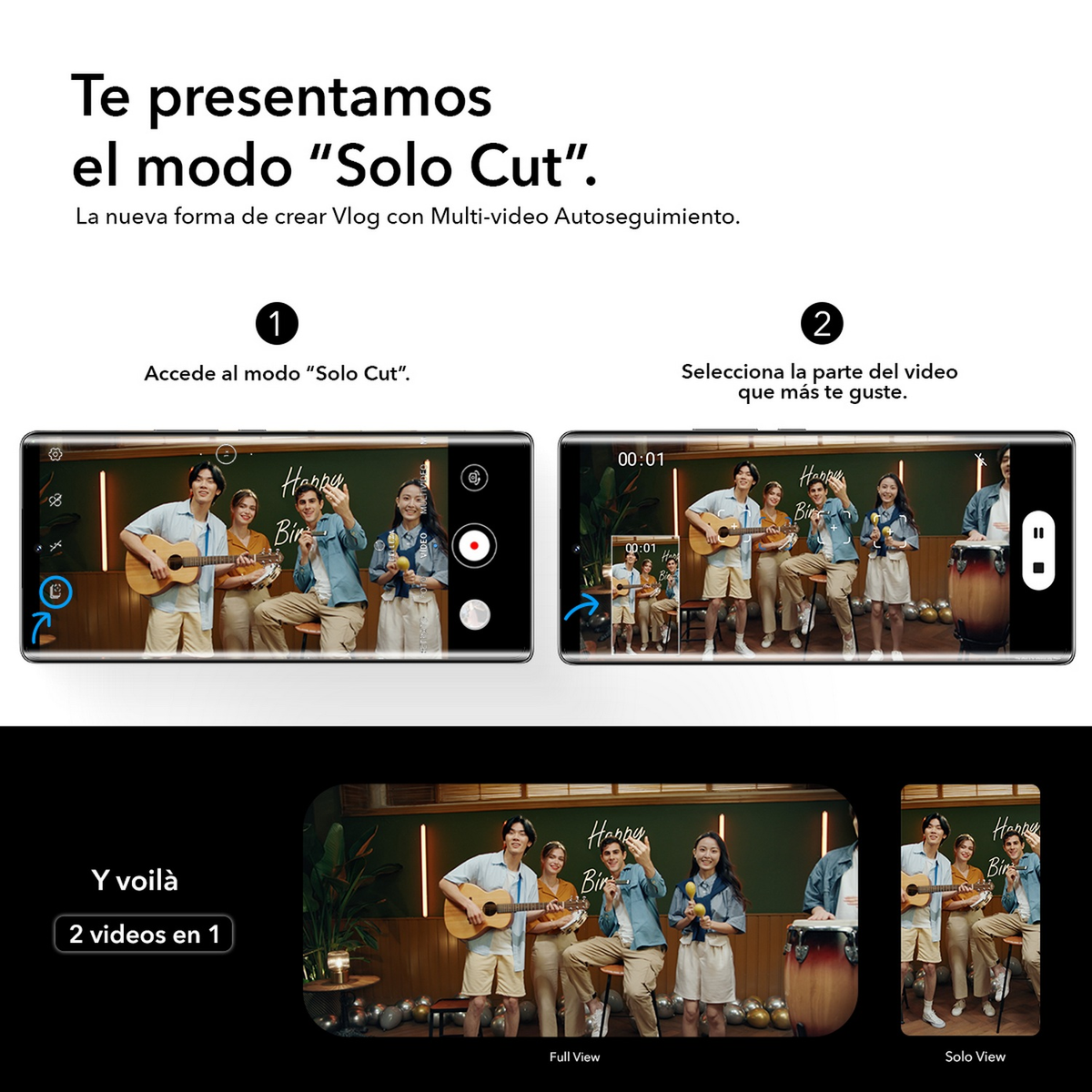 Zrzuty ekranu telefonu pokazujące kroki edycji wideo z ludźmi i instrumentami.