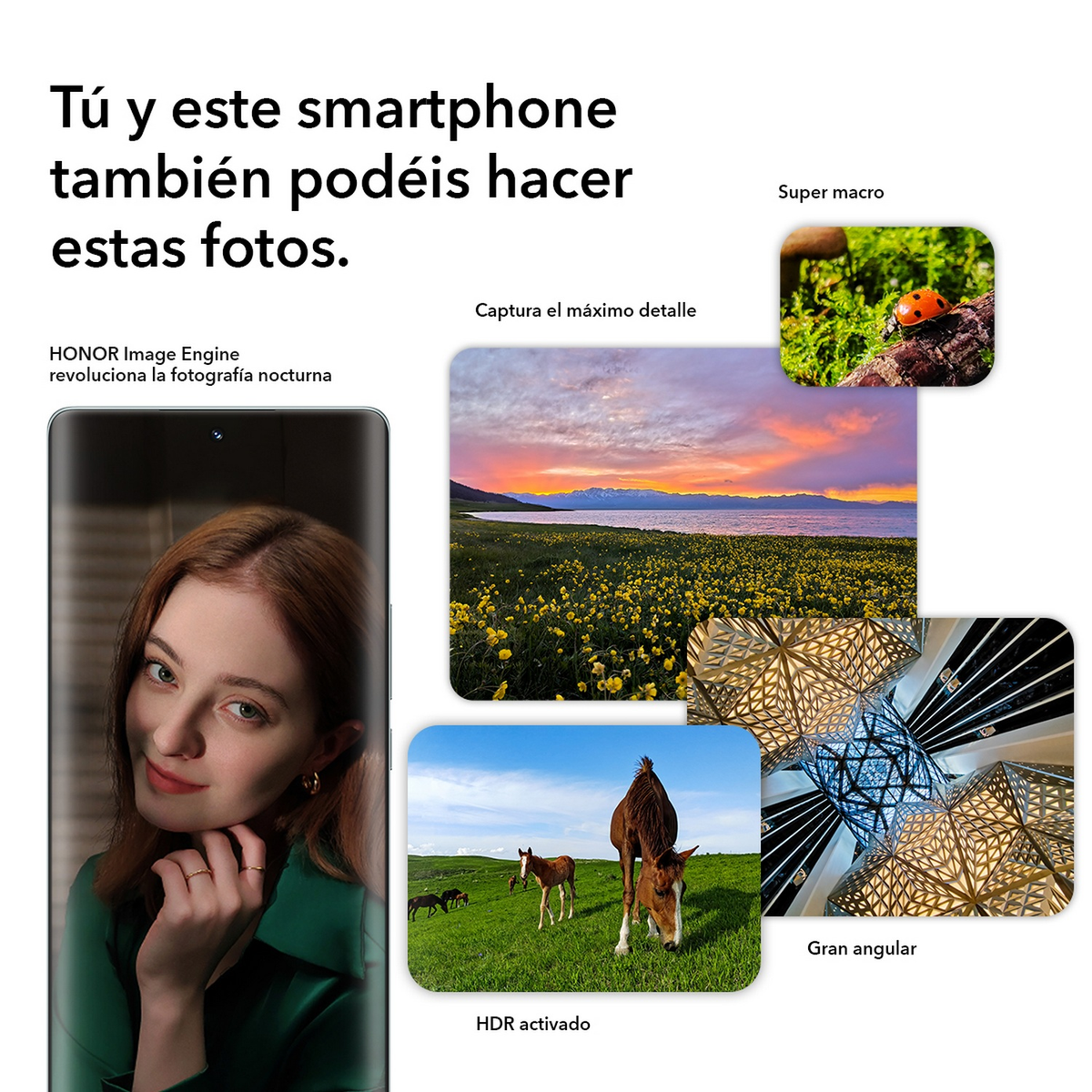 Kobieta trzyma smartfon. Obrazy pokazują super makro, zachód słońca, pole i wnętrze budynku.