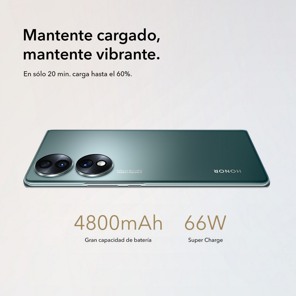 Zielony telefon Honor z podwójnym aparatem i tekstem o baterii i szybkim ładowaniu.