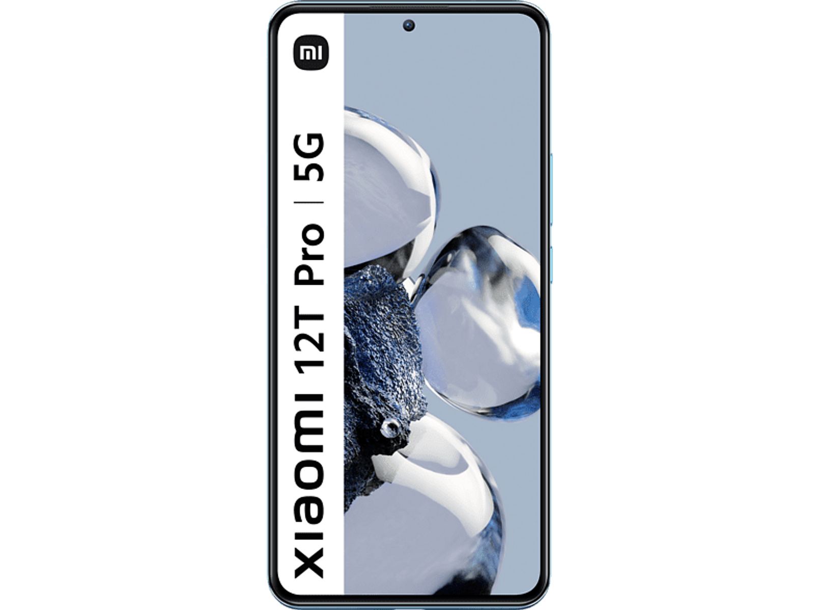 Smartfon pokazujący niebiesko-biały abstrakcyjny obraz ze słowami Xiaomi 12T Pro 5G.