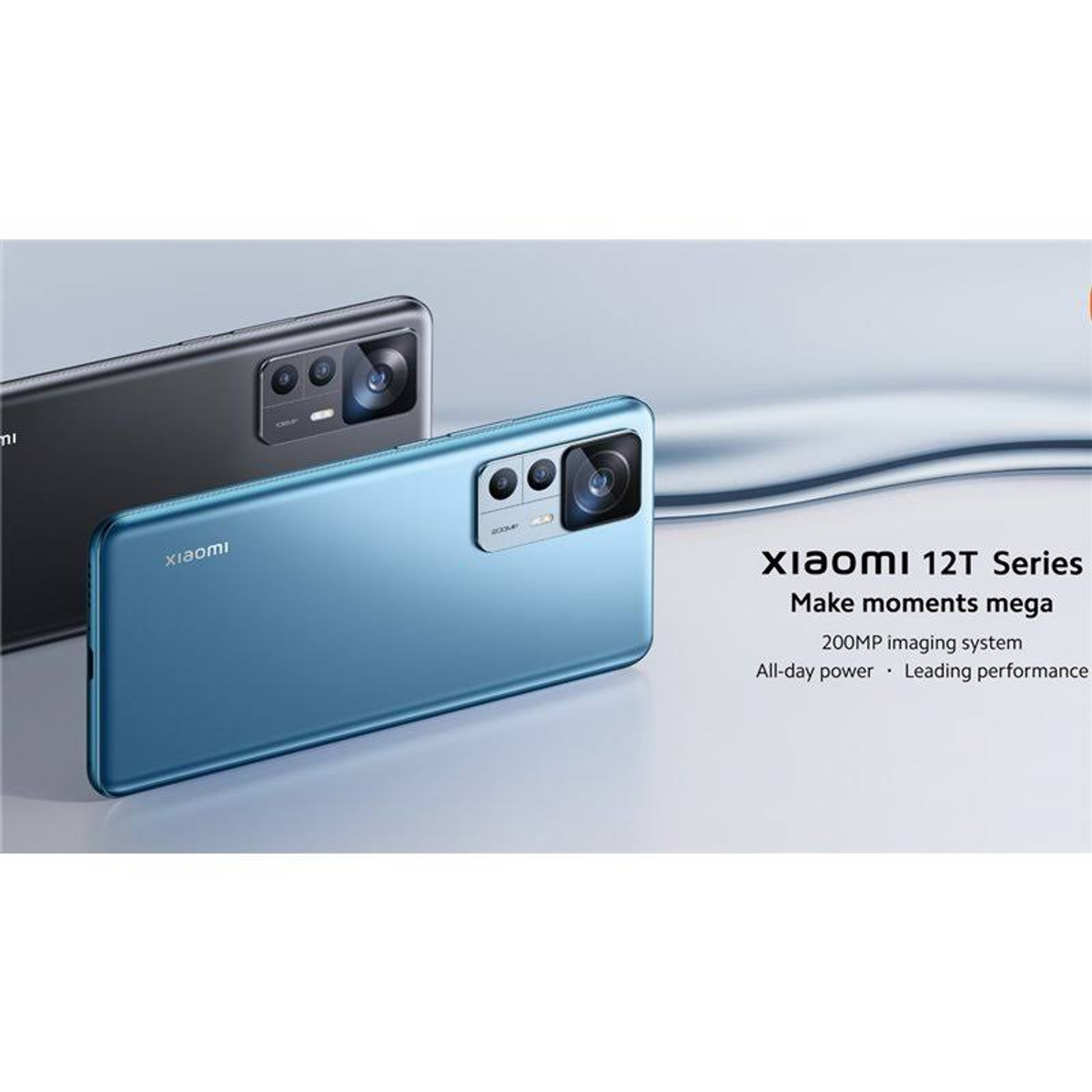 Dwa telefony Xiaomi 12T, jeden niebieski i jeden czarny. Tekst mówi Seria Xiaomi 12T.