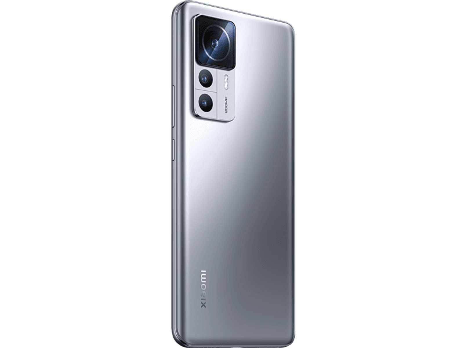 Tył srebrnego telefonu z trzema aparatami i logo Xiaomi.