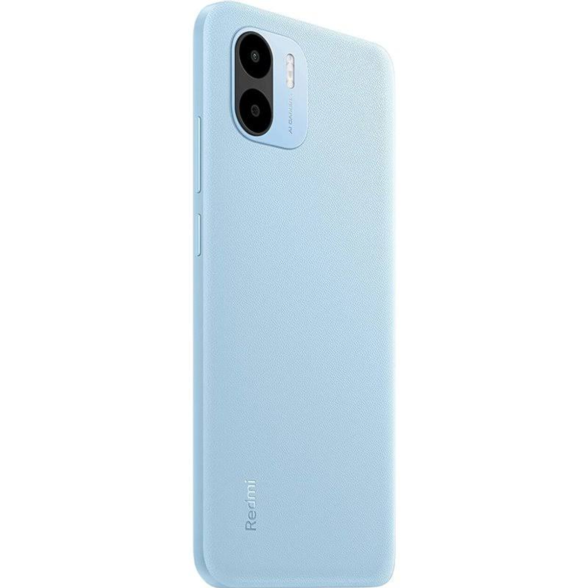 Hellblaue Handyhülle. Duale Kamera und das Redmi-Logo unten.