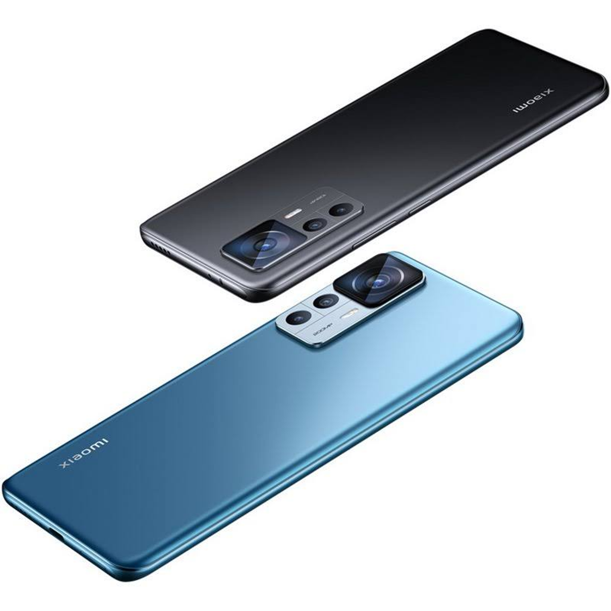 Dwa smartfony: jeden czarny, jeden niebieski, z tyłu widoczne aparaty i logo marki.