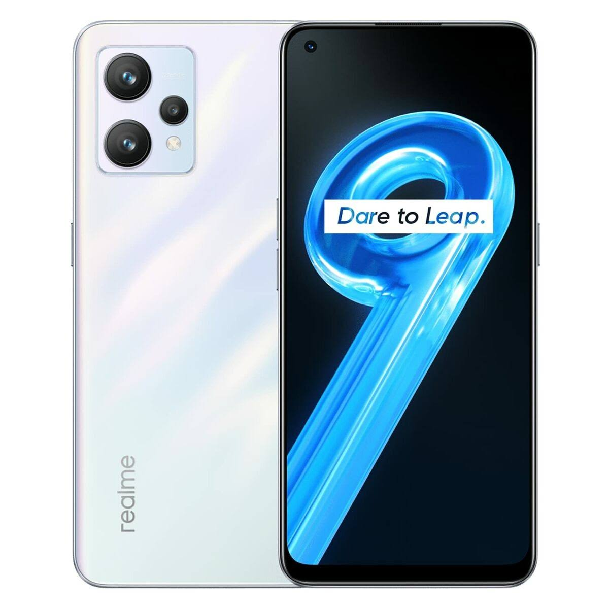 Weißes Realme-Telefon, Rückansicht mit Kameras, Vorderansicht mit blauer Grafik.