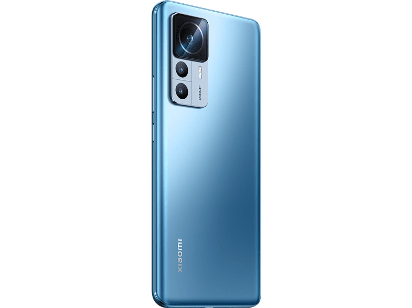 Niebieski smartfon na czarnym tle. Telefon ma wybrzuszenie aparatu i logo Xiaomi.