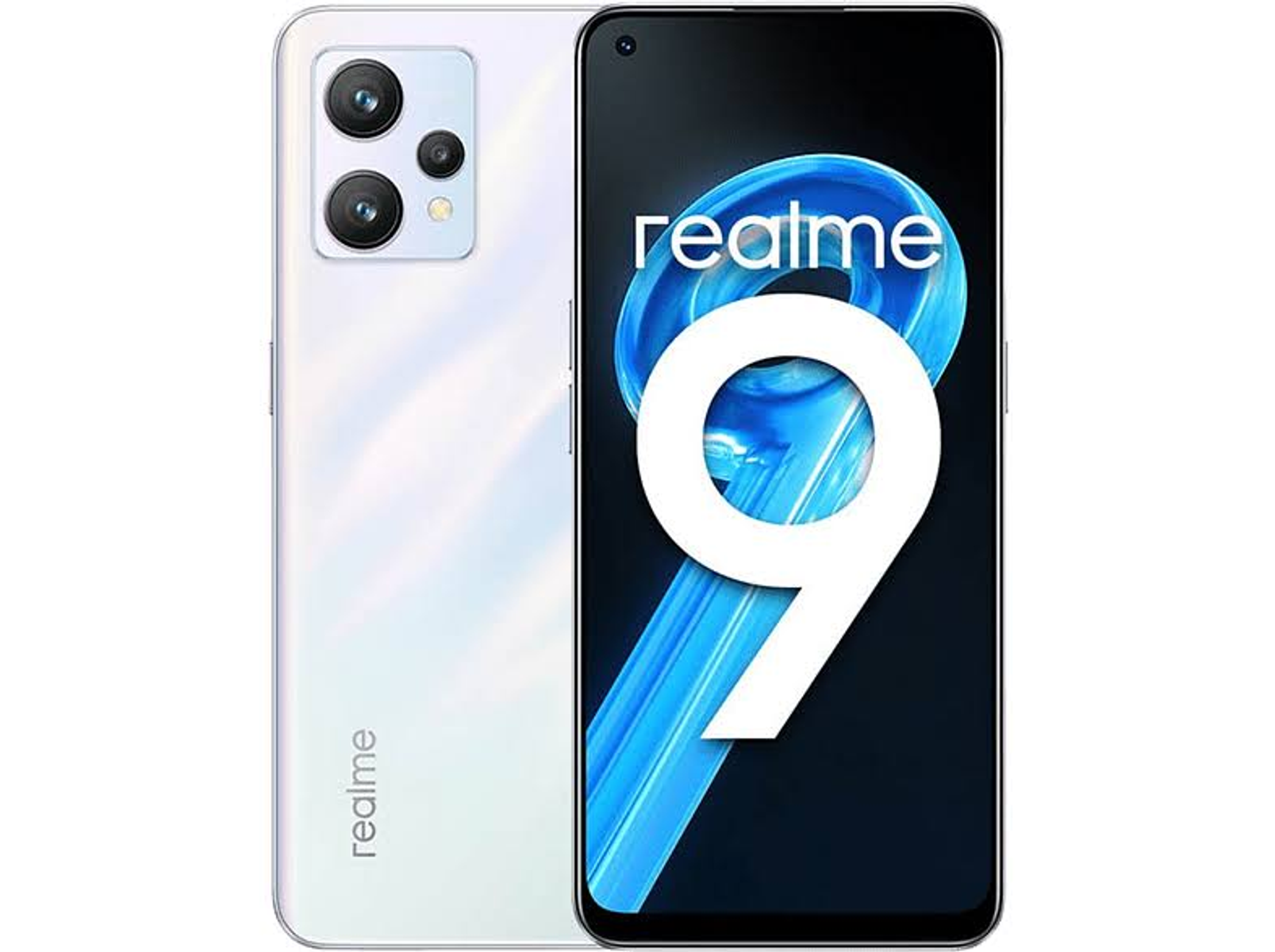 Weißes Realme 9-Handy, Rückansicht mit Kamera und Vorderansicht mit großem '9'.