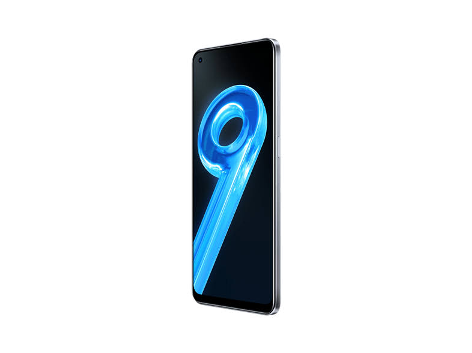 Realme 9 Telefon, silber, schräge Ansicht, mit blauem Display, das die Zahl 9 zeigt.
