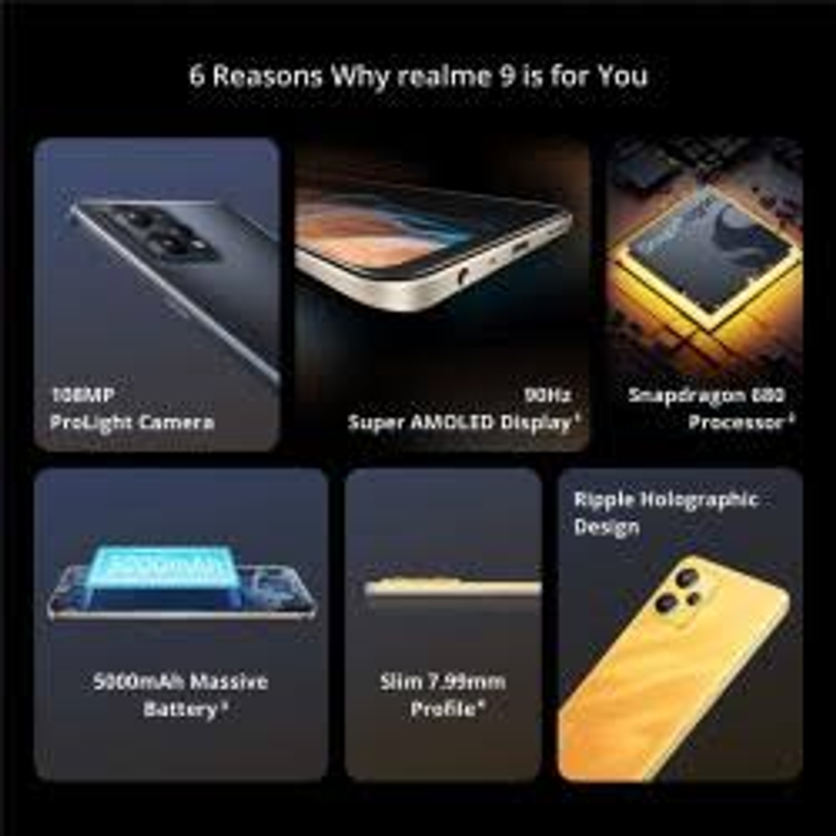 Bild mit 6 Gründen für Realme 9, mit Telefonbildern und Text. Dunkler Hintergrund, Informationen.