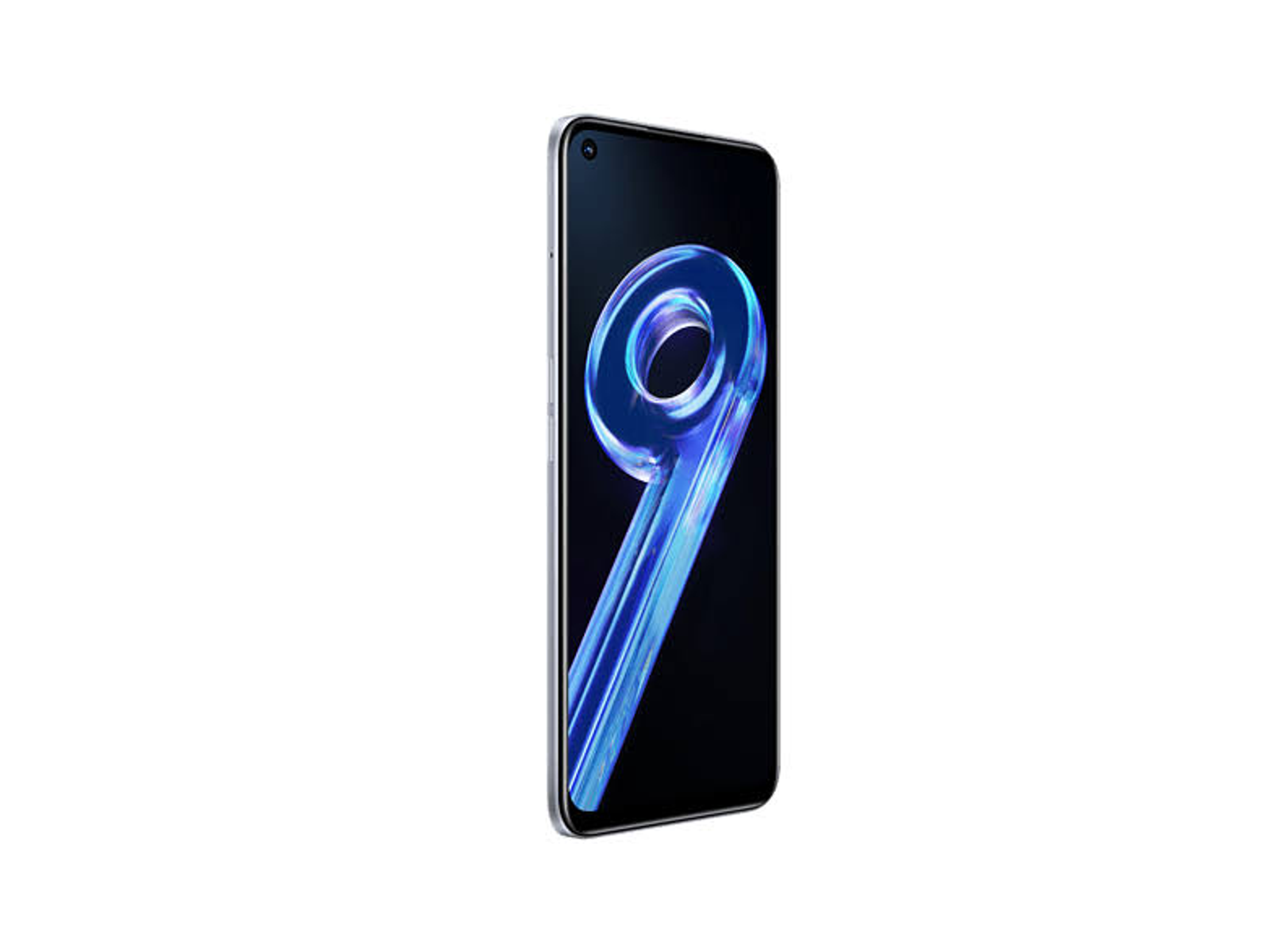 Ein Smartphone von der Seite betrachtet. Das Telefon ist silberfarben mit der Ziffer 9 in Blau auf dem Bildschirm.
