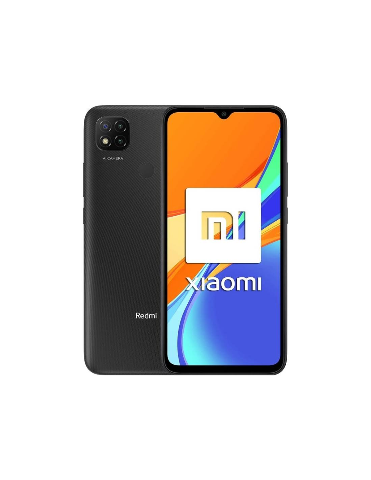 Schwarzes Xiaomi Redmi-Telefon. Zeigt die Rückseite des Telefons mit Kamera und den orangefarbenen Bildschirm.
