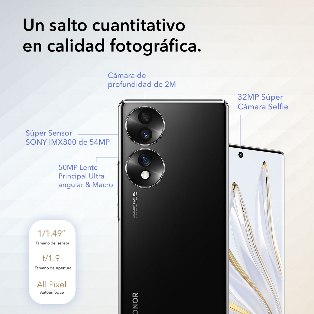 Czarny smartfon z dwoma tylnymi aparatami i tekstem. Białe tło.