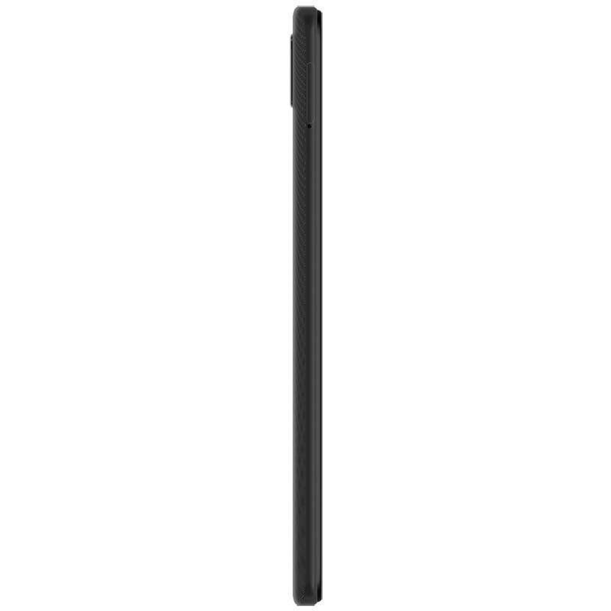 Seitenansicht eines schwarzen Smartphones. Kamera und Knöpfe sind sichtbar. Der Hintergrund ist weiß.