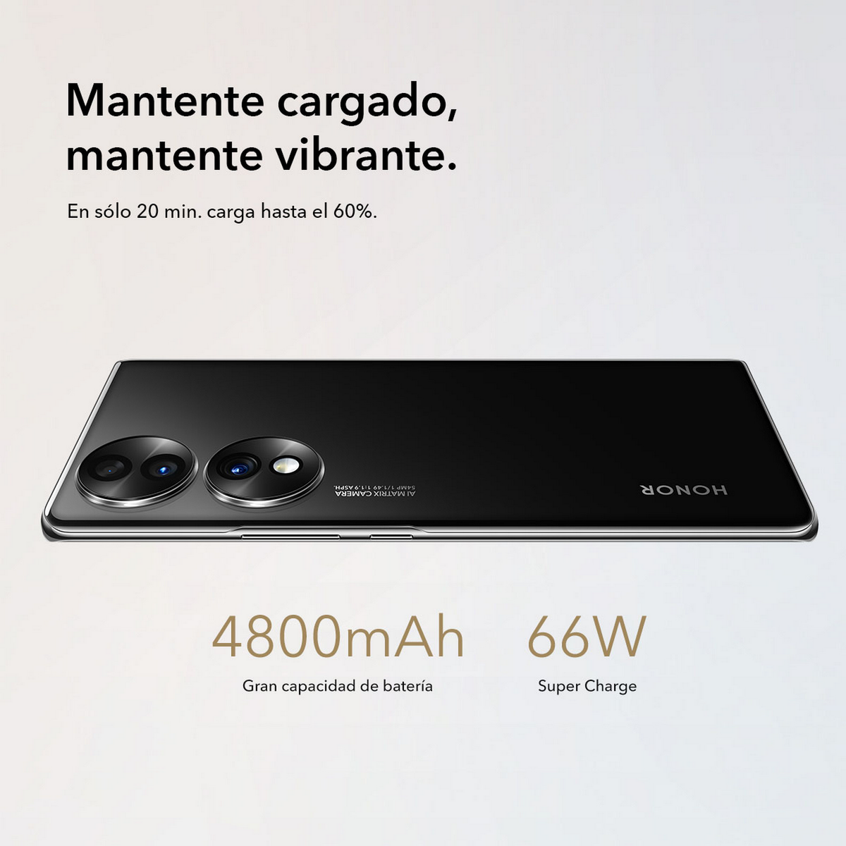 Czarny smartfon, pokazujący obiektywy aparatu i specyfikacje. Biały tekst, czarne tło.