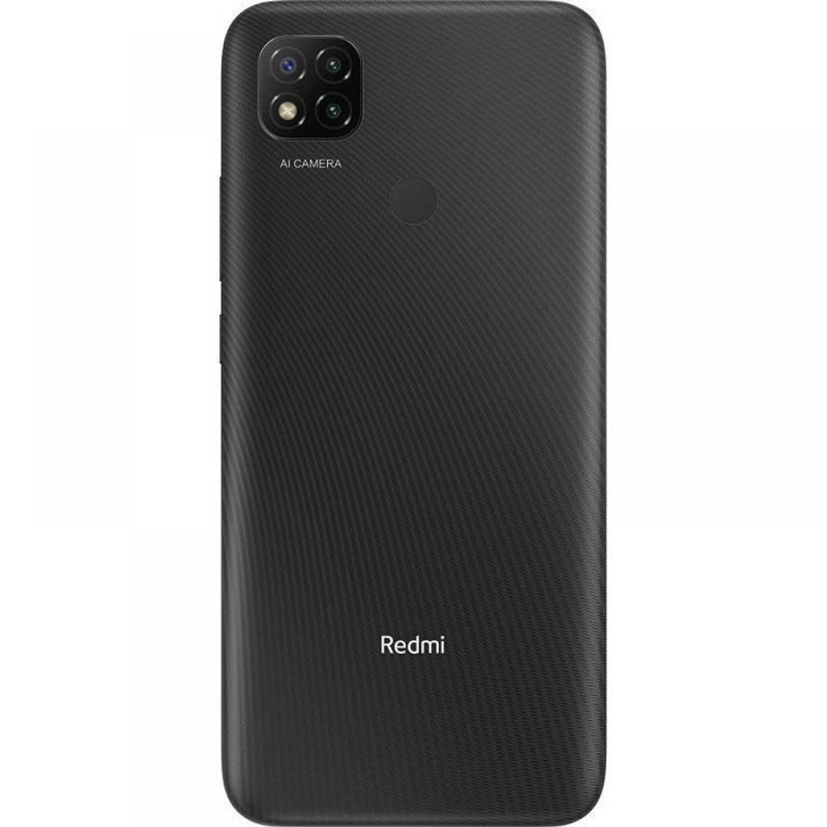 Ein schwarzes Redmi-Smartphone, Rückansicht, mit Dreifachkamera und Redmi-Logo.
