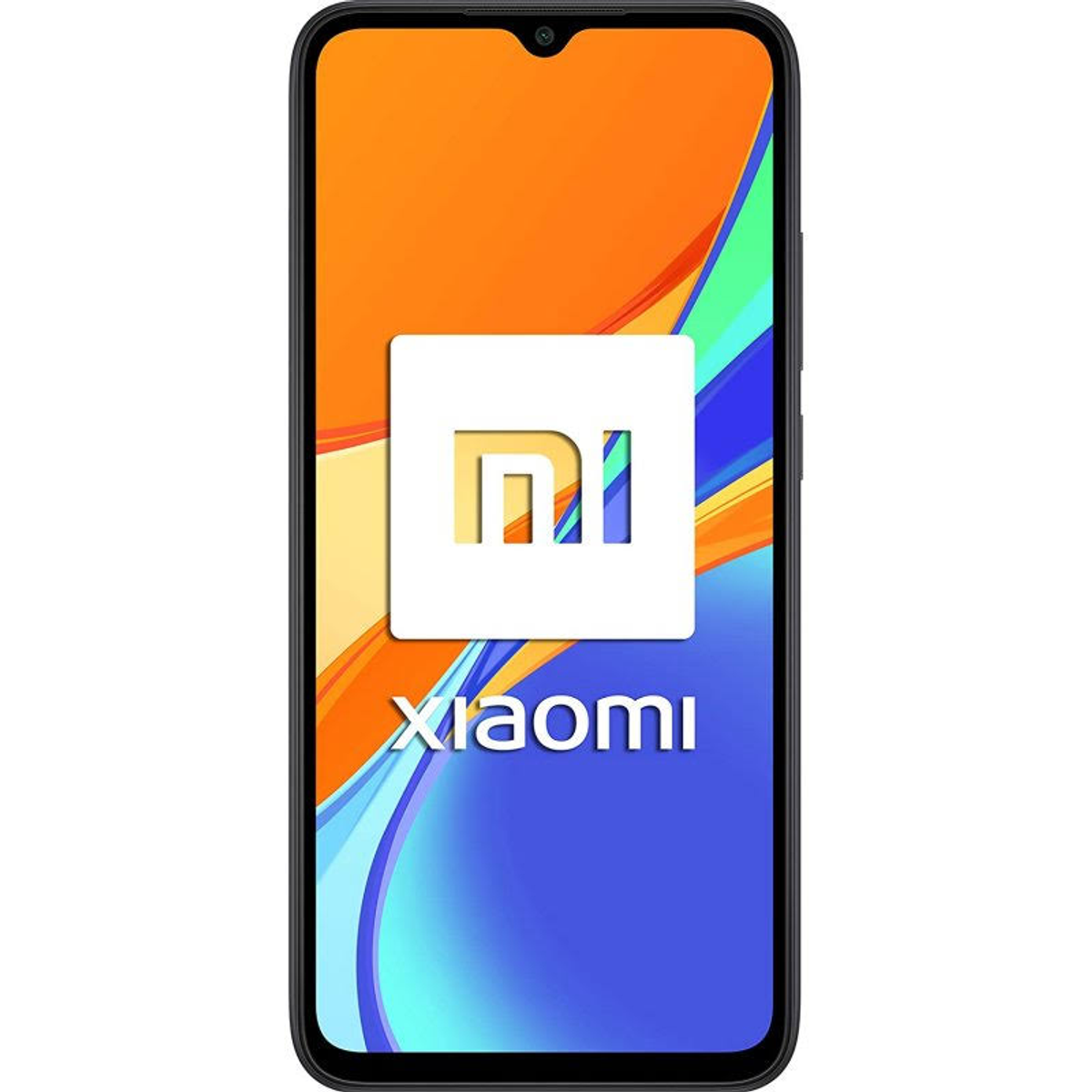 Xiaomi Smartphone mit orangefarbenem und blauem Hintergrund. Es zeigt das Xiaomi-Logo.