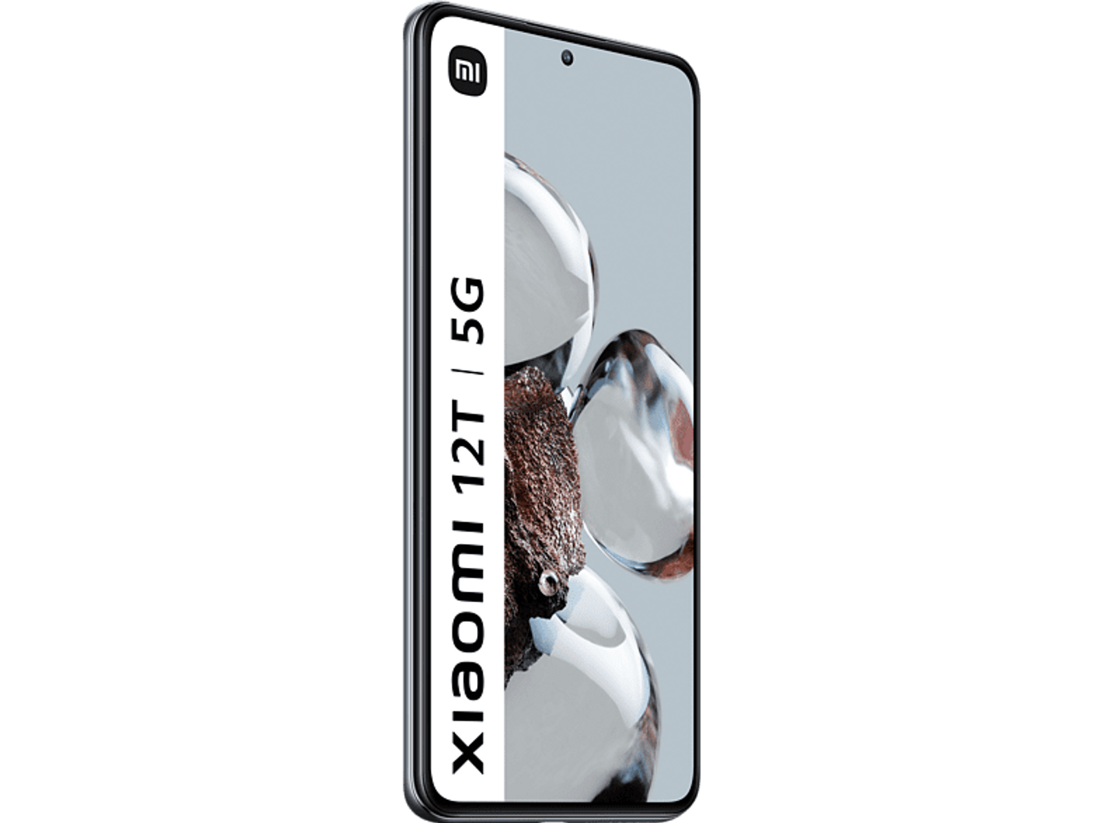 Telefon Xiaomi 12T 5G, czarna ramka, biały tekst na ekranie, czarne tło.