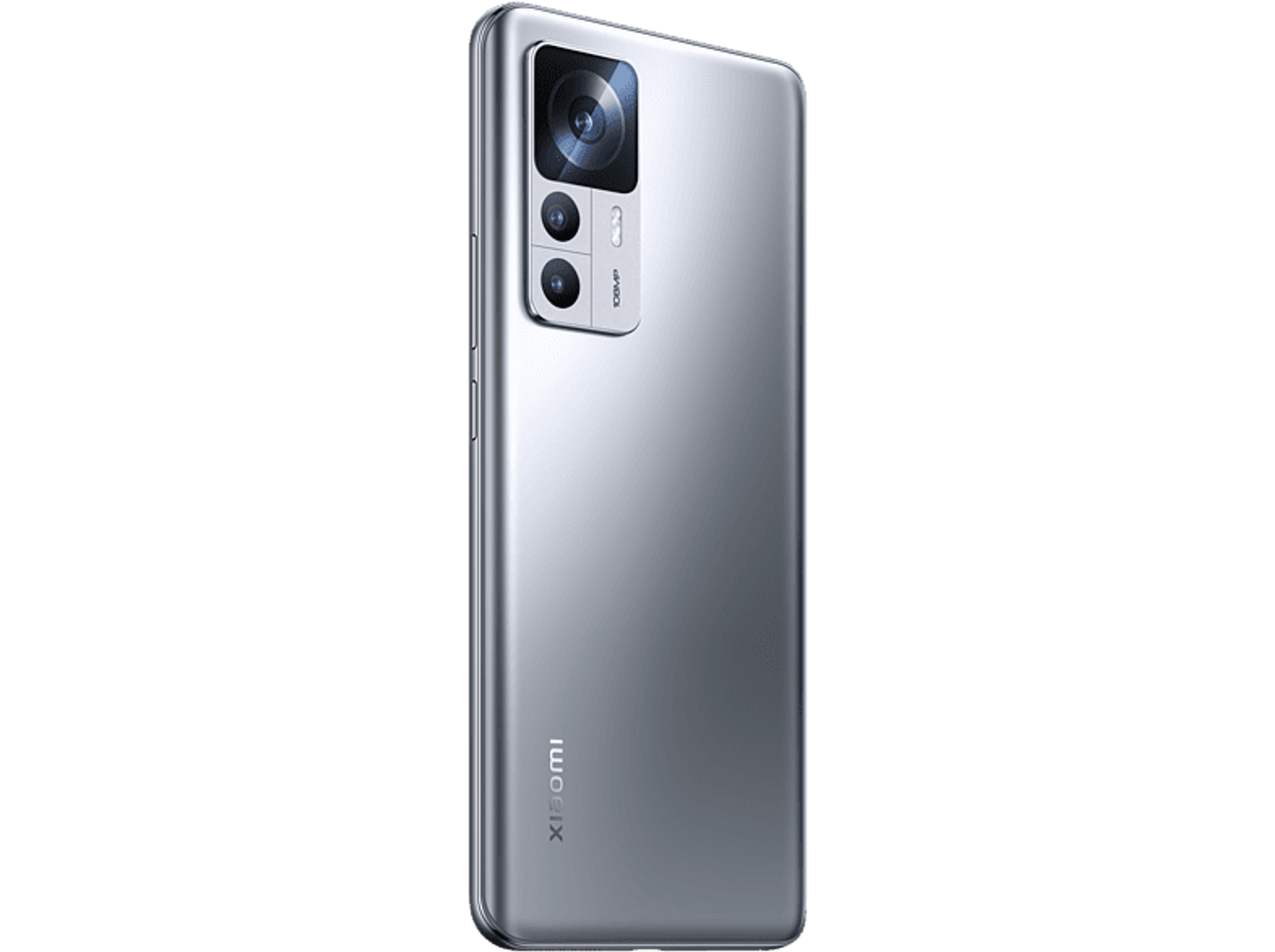Srebrny smartfon, widok z tyłu, z wieloma obiektywami i logo Xiaomi.