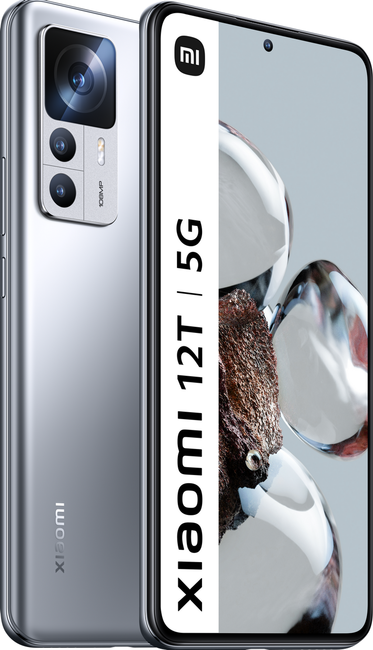 Srebrny telefon. Pokazuje przód i tył. Białe tło.