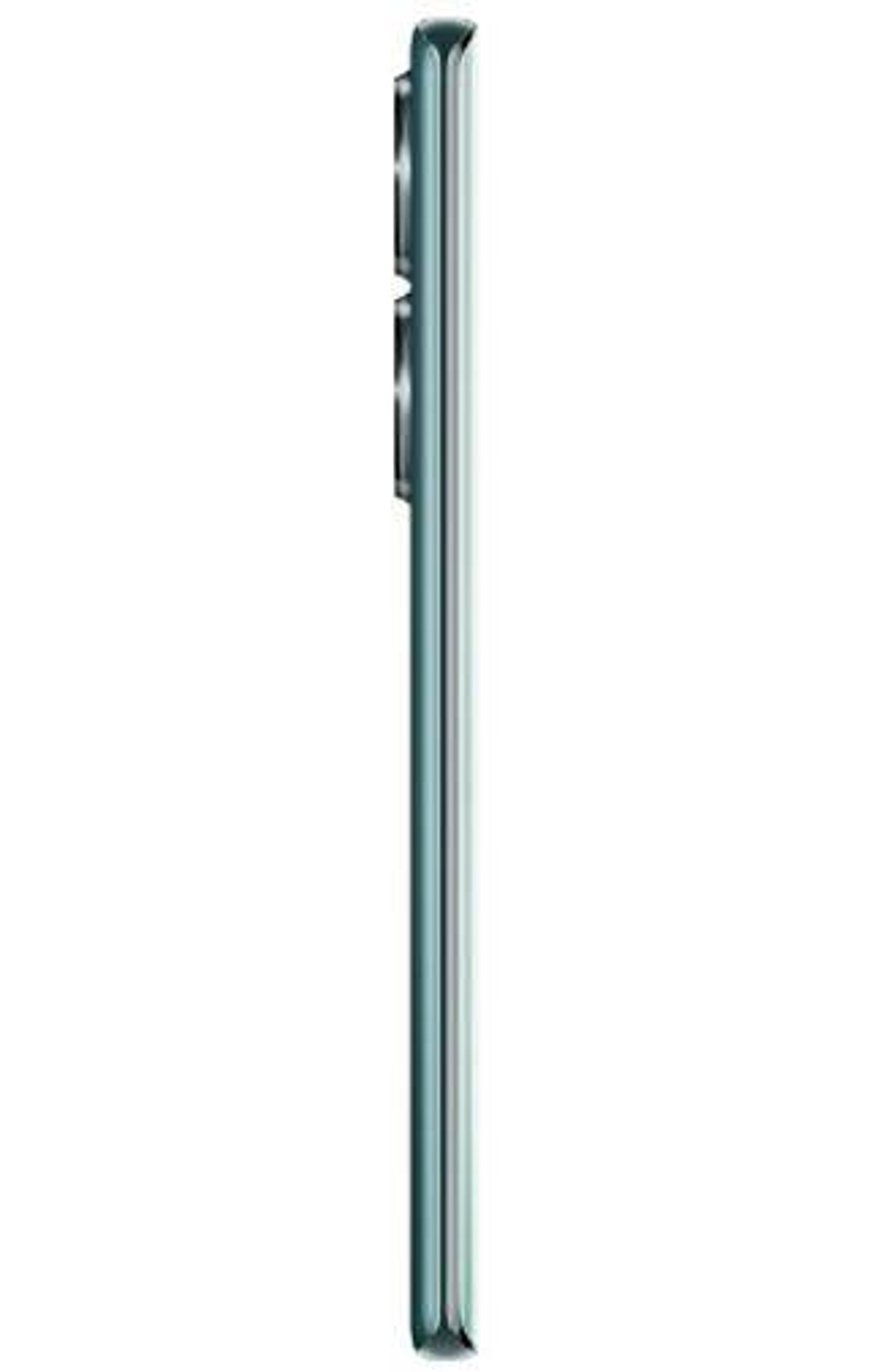 Vista lateral de un smartphone verde azulado sobre fondo blanco. El teléfono es vertical.