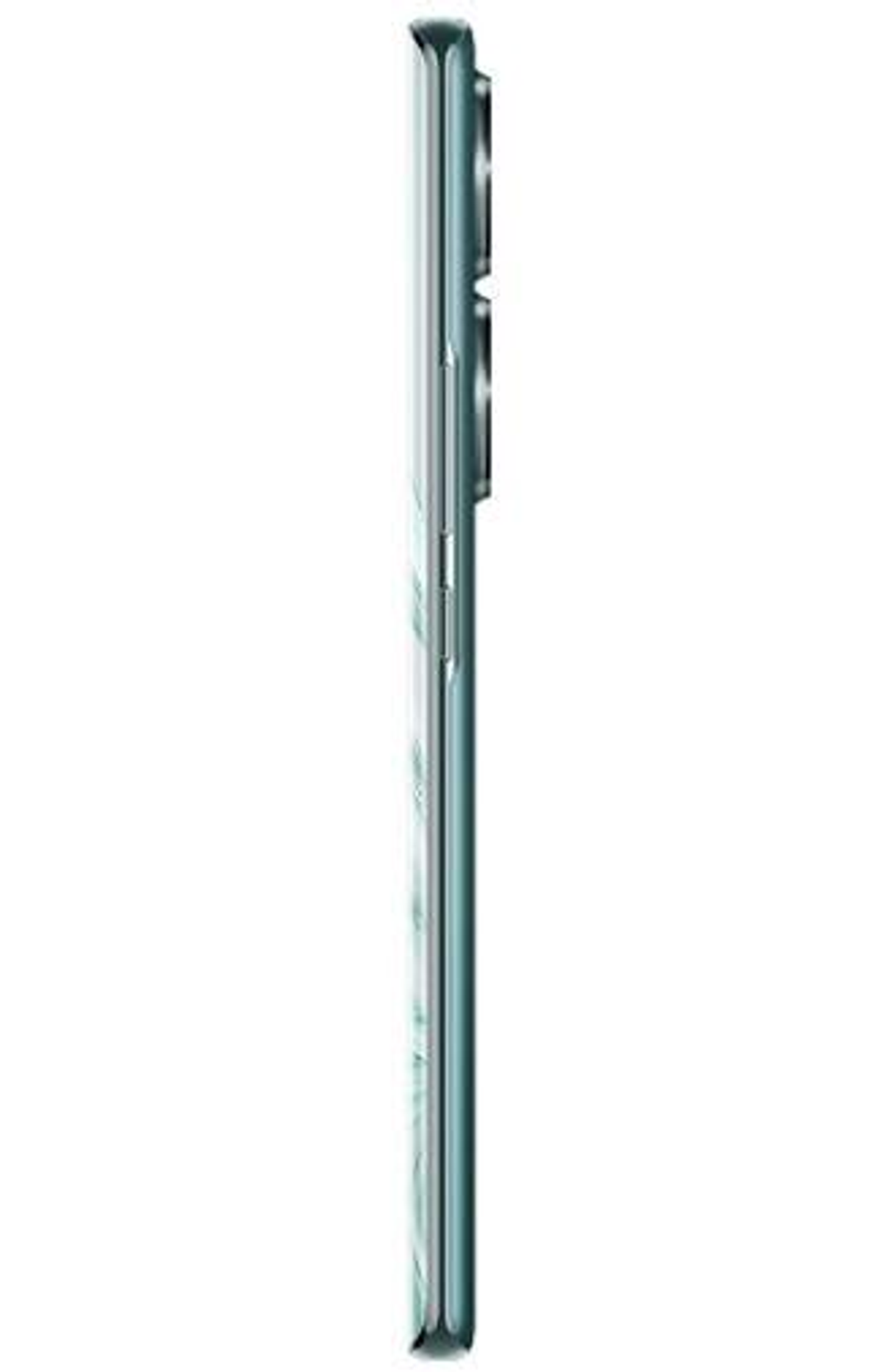 Vista de perfil de un smartphone delgado de color verde azulado con múltiples cámaras.