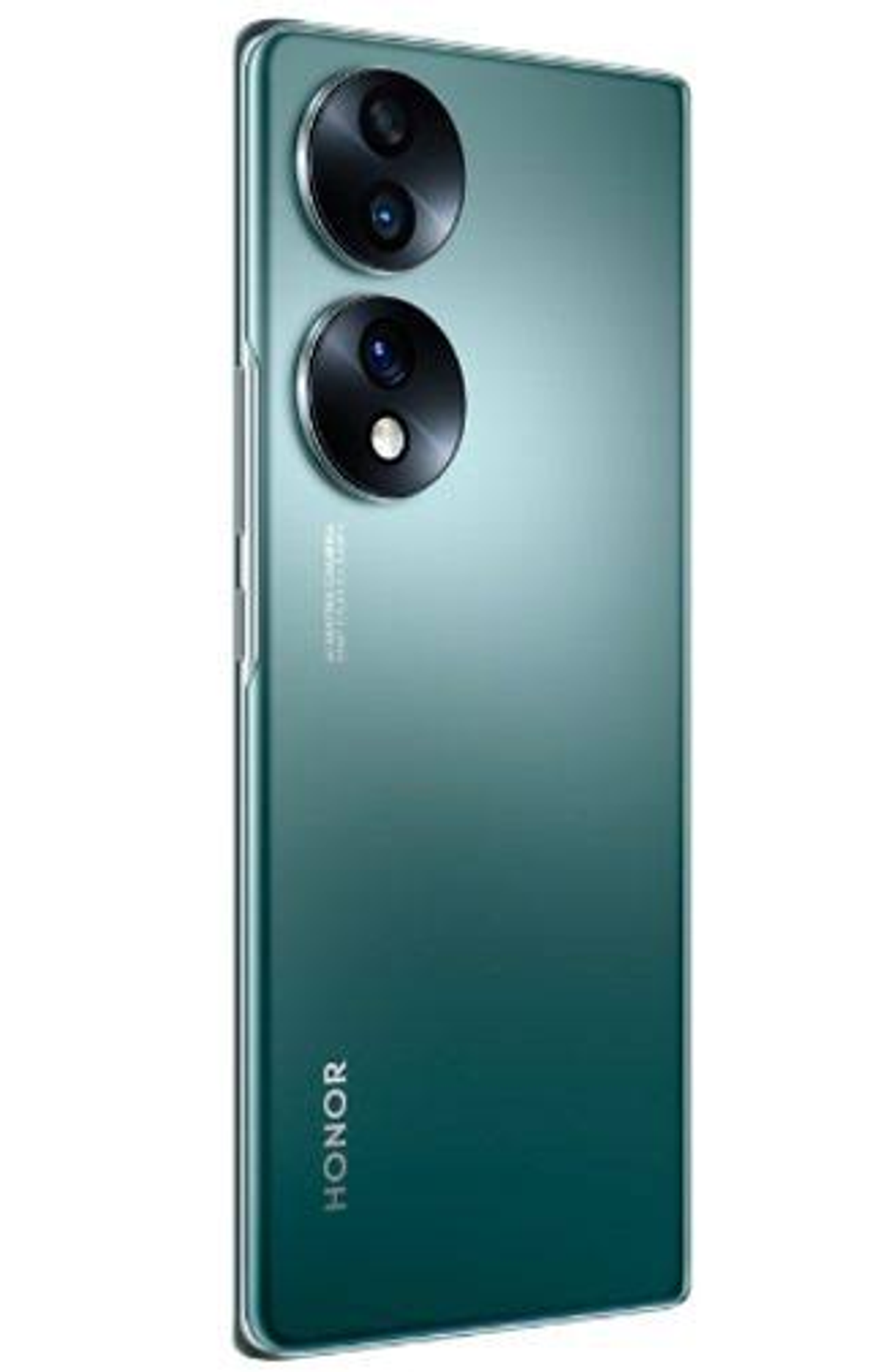 Teléfono Honor verde, vista trasera. Tiene dos lentes de cámara y el logotipo de Honor.