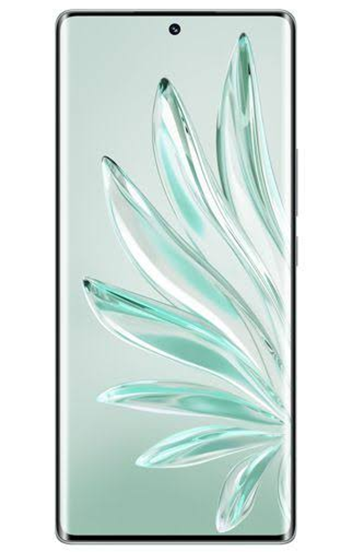 Smartphone con un fondo degradado verde claro. Muestra un diseño floral. Marco negro.