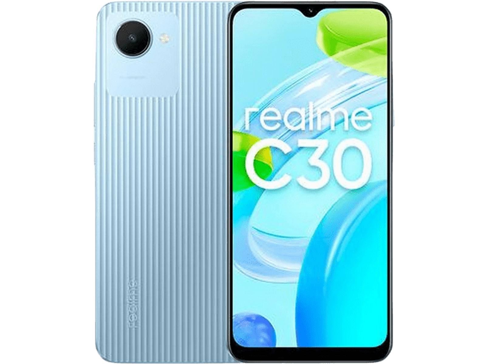 Telefon Realme C30, jasnoniebieski. Tył pokazuje aparat i logo Realme. Przód pokazuje ekran.