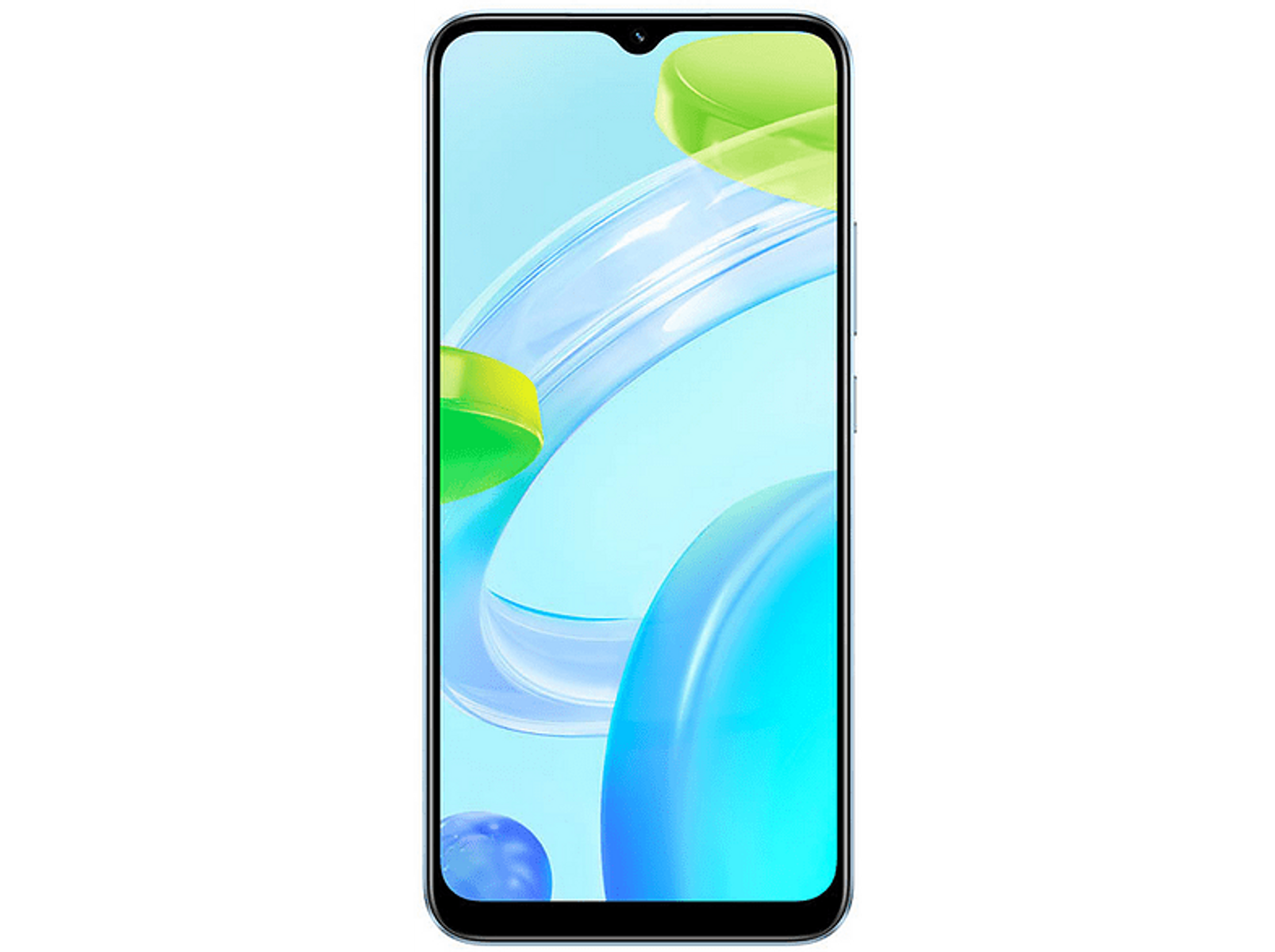 Smartfon z niebiesko-zielonym gradientem ekranu. Telefon jest na czarnym tle. Jest aparat.