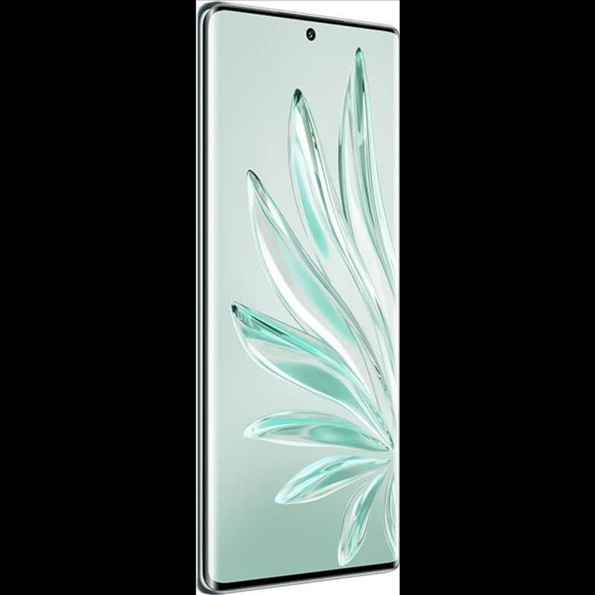 Vista lateral del smartphone. Muestra una pantalla con diseño floral, cámara frontal y marco plateado.