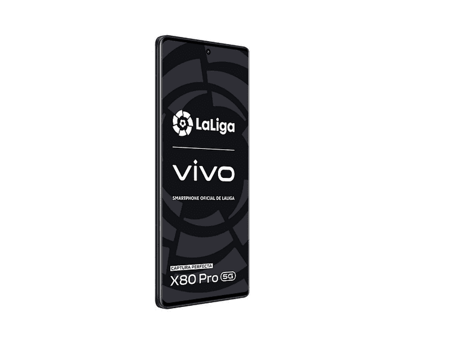 Schwarzes Telefon mit LaLiga- und Vivo-Logo. Text: CAPTURA PERFECTA X80 Pro 5G.