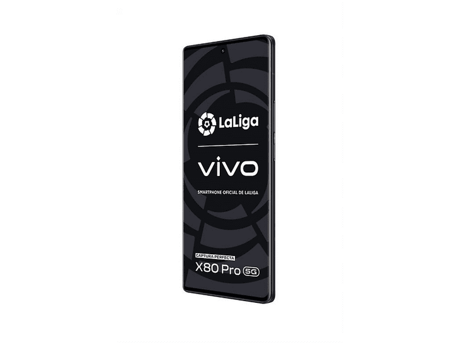Schwarzes Vivo-Smartphone, Frontansicht, mit LaLiga-Logo und eingeschaltetem Bildschirm, vor schwarzem Hintergrund.