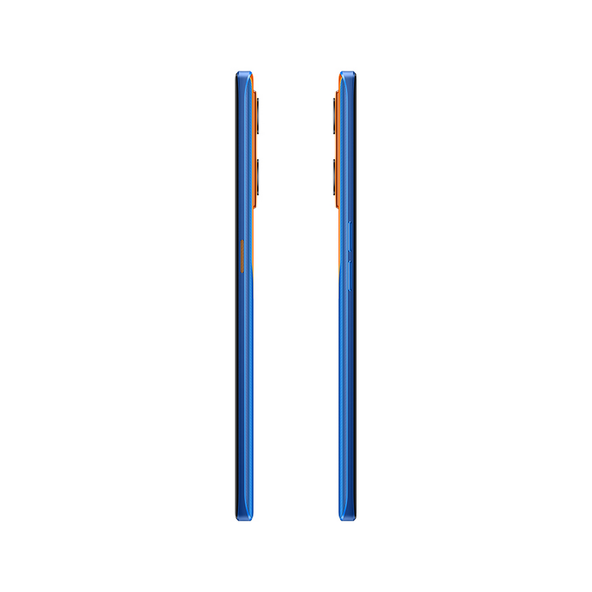 Zwei blaue Smartphones, Seitenansicht, mit orangefarbenen Akzenten.