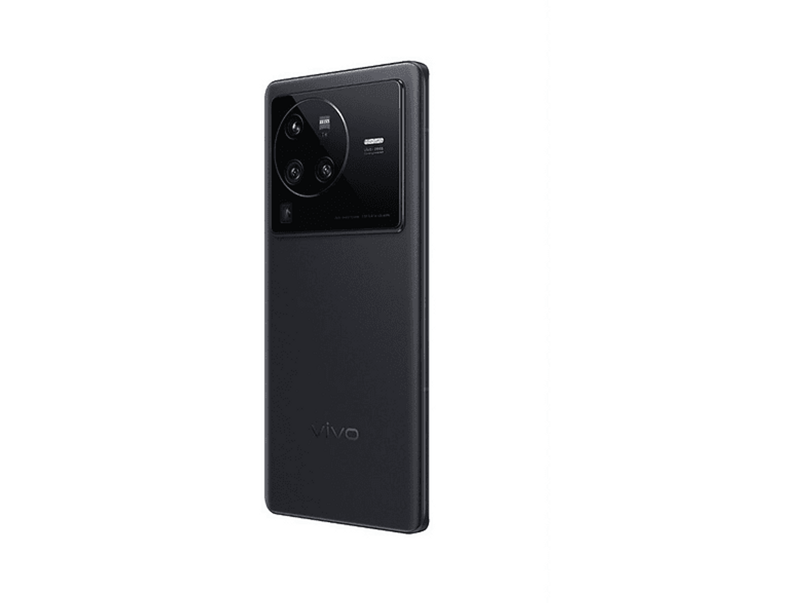 Schwarzes Telefon mit Kamerabuckel auf der Rückseite, mit schwarzem Hintergrund.