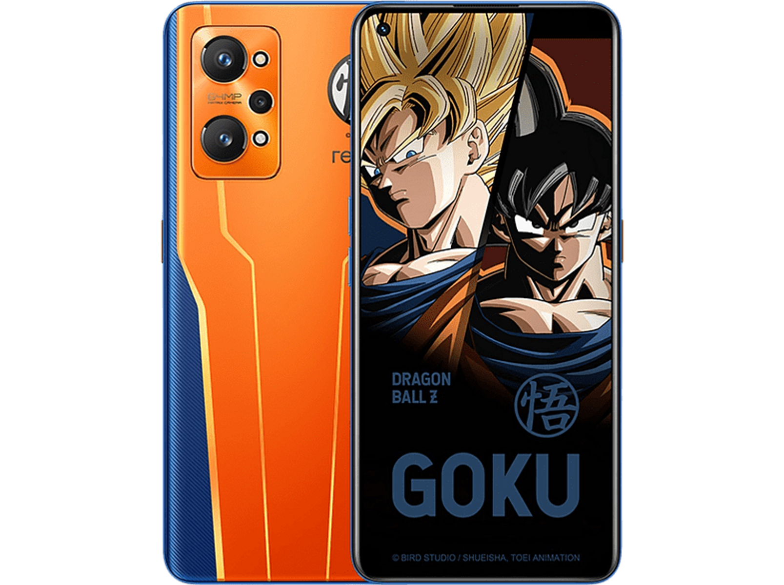 Ein blaues und orangefarbenes Smartphone mit einem Dragon Ball Z-Thema auf dem Display.