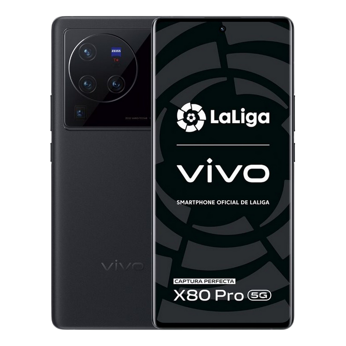 Ein schwarzes Vivo X80 Pro 5G Smartphone mit dem La Liga Logo auf dem Bildschirm, mit Rückansicht.