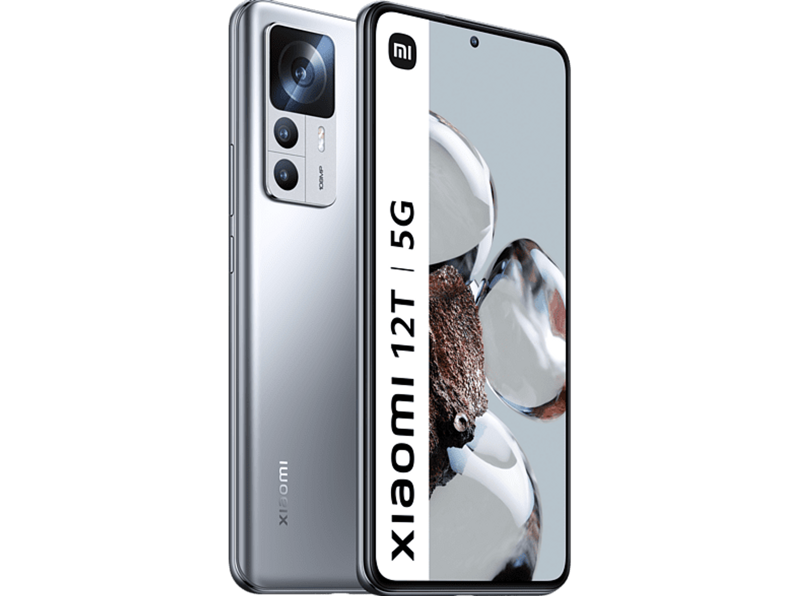 Silbernes Xiaomi 12T 5G Smartphone. Das Telefon befindet sich auf schwarzem Hintergrund. Der Bildschirm ist an und sichtbar.