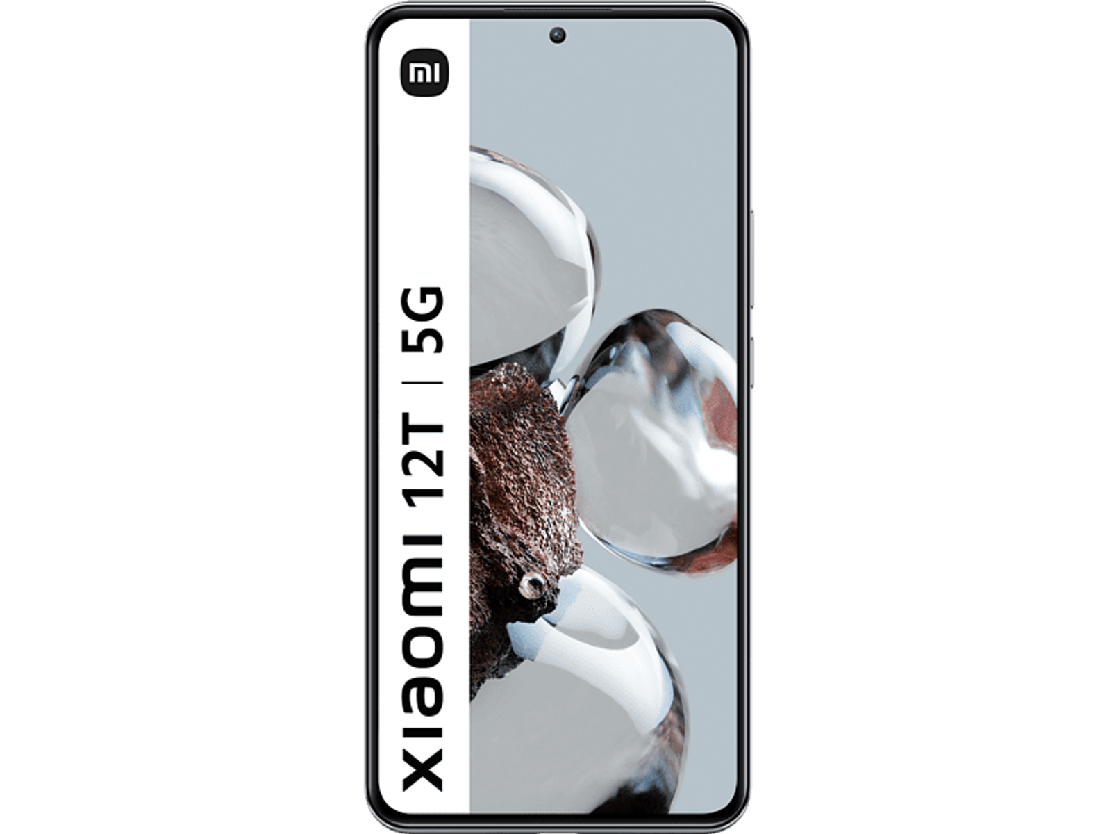 Ein Smartphone zeigt einen weiß-grauen Bildschirm mit 5G-Logo und verschwommenem, strukturiertem Bild.