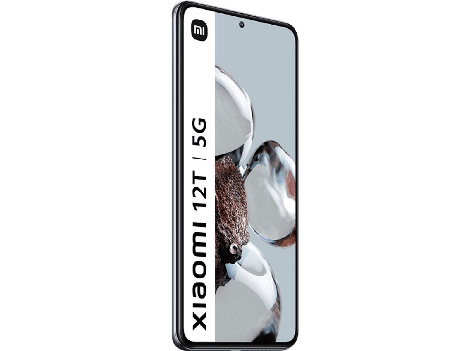 Schwarzes Xiaomi 12T 5G Smartphone mit weißem Streifen und Markennamen.