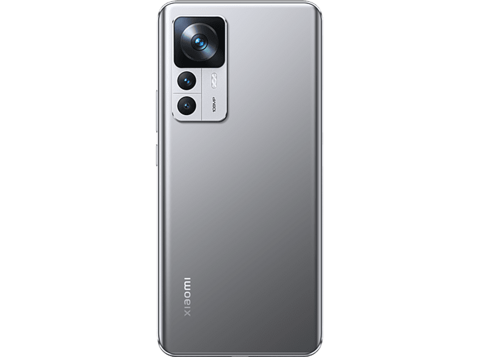 Graues Xiaomi-Telefon, das das Rückkamera-Set auf schwarzem Hintergrund zeigt.